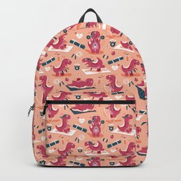 Fitness exercises for a dino // coral background red t-rex dinosaurs Backpack