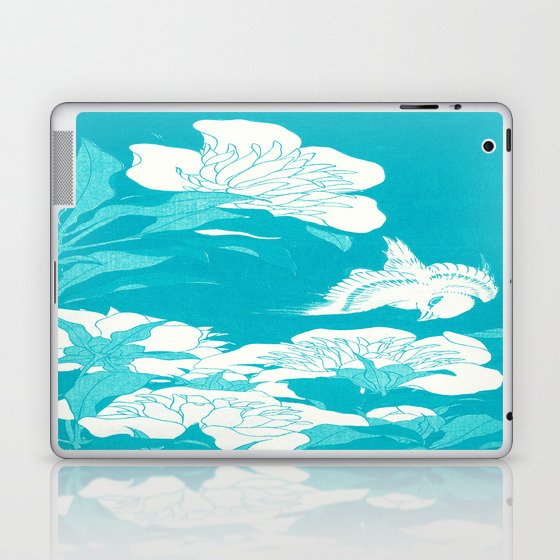 Peonies and Canary by Hokusui : Japanese flowers. Turquoise Blue Laptop & iPad Skin