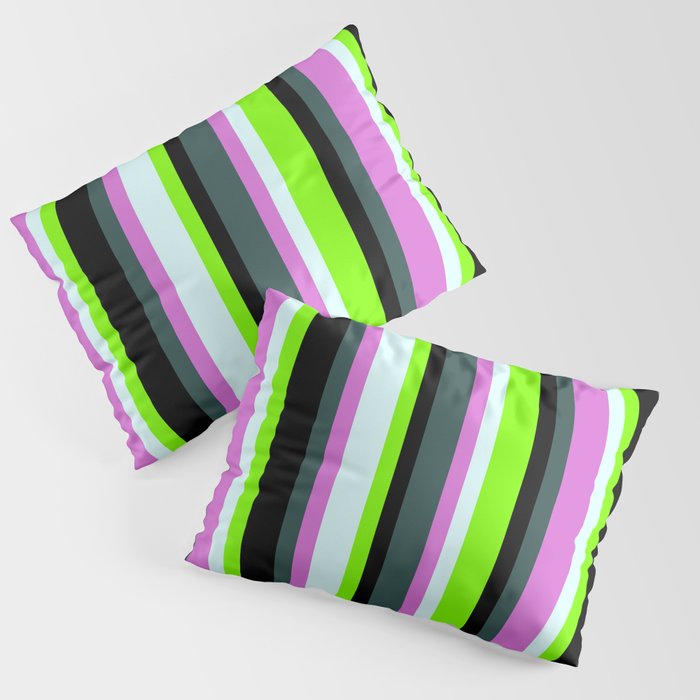 Dark Slate Gray, Orchid, Light Cyan, Chartreuse & Black Colored Lines/Stripes Pattern Pillow Sham