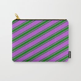 [ Thumbnail: Orchid and Green Colored Lined/Striped Pattern Carry-All Pouch ]