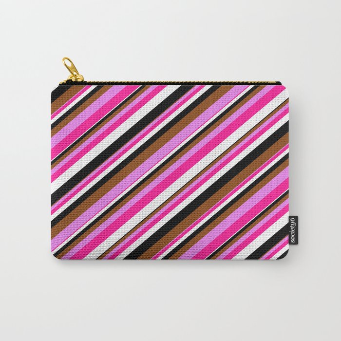 Vibrant Brown, Violet, Deep Pink, White, and Black Colored Striped Pattern Carry-All Pouch