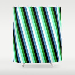 [ Thumbnail: Colorful Forest Green, Aquamarine, Mint Cream, Blue & Black Colored Stripes Pattern Shower Curtain ]