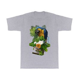 Macaw and birds with flowers among leaves and palm trees  T Shirt
