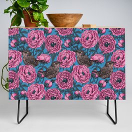 Pink peonies and wrens on blue Credenza