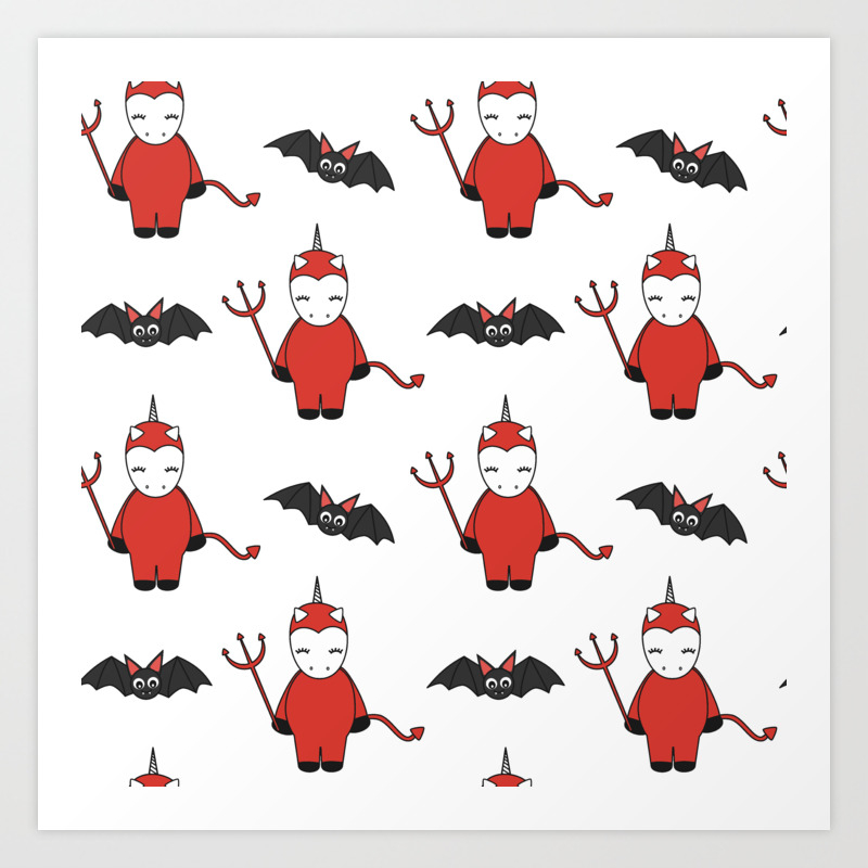 Cute Cartoon Devil Unicorns Halloween Pattern Background With Bats Art Print By Alicevacca Society6