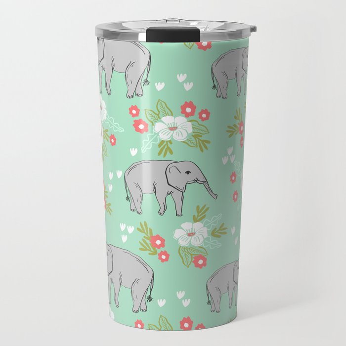 Elephants pattern mint blue with florals cute nursery baby animals lucky gifts Travel Mug