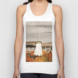 There's a Ghost in the Pumpkins Patch Again... Tank Top | Halloween, Harvest, Haunt, Pumpkin, Vintage, Folkart, Curated, Painting, Ghost, Autumn 