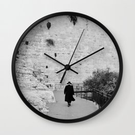 Portrait of a men walking to The Western Wall in the Old City, Jerusalem | Holy place for religious jewish people in Israel | Travel photography black and white Wall Clock