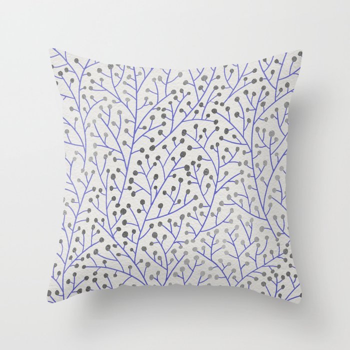 Silver & Periwinkle Berry Branches Throw Pillow