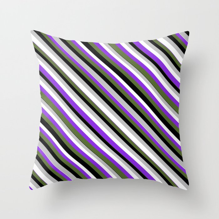 Eye-catching Grey, White, Purple, Dark Olive Green, and Black Colored Lined/Striped Pattern Throw Pillow