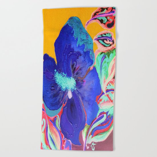 Birthday Acrylic Blue Orange Hibiscus Flower Painting with Red and Green Leaves Beach Towel