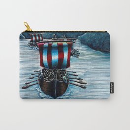 Drakkar in Norse Fjord Ft. Aurora Borealis Carry-All Pouch | Lights, Vikingship, Sail, Gouache, Landscape, Mountains, Painting, Traditional, Norway, Ink 