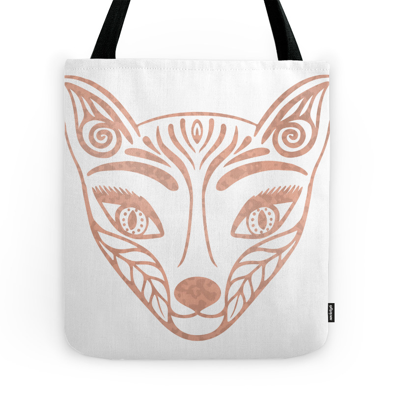 Rose Gold Foil Fox Face, Woodland Animal Outline Tattoo Tote Bag by meyumi