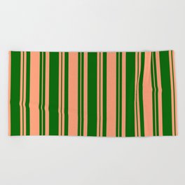[ Thumbnail: Dark Green and Light Salmon Colored Lines Pattern Beach Towel ]