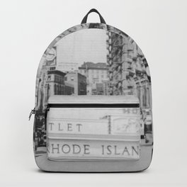 1636 to 1936 Rhode Island Tercentenary arch Outlet Department Store downtown Providence, R.I. black and white photographic portrait / photography Backpack