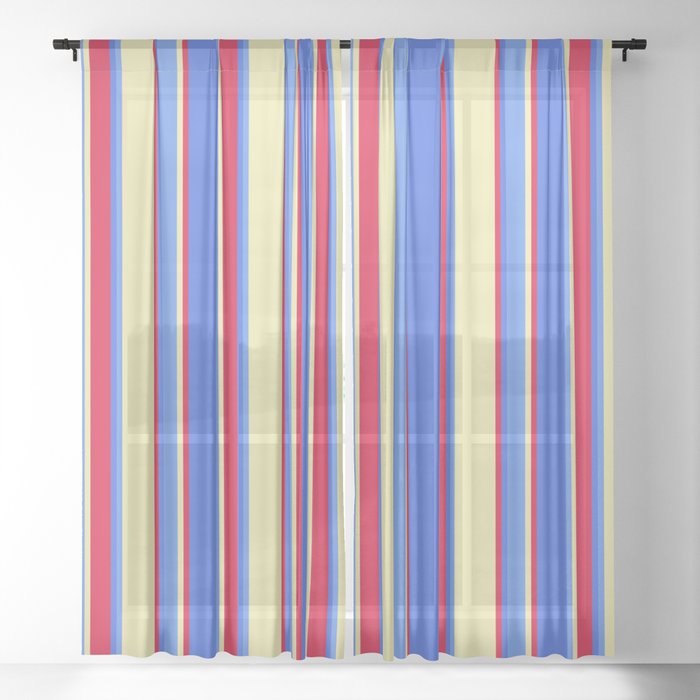 Pale Goldenrod, Cornflower Blue, Royal Blue & Crimson Colored Striped/Lined Pattern Sheer Curtain