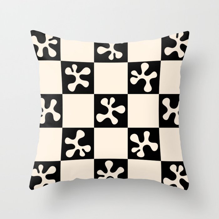 Thing Dance Mid Mod Minimalist Check Abstract Pattern in Black and Almond Cream Throw Pillow