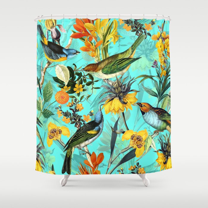 Vintage & Shabby Chic - Teal Tropical Bird Garden Shower Curtain