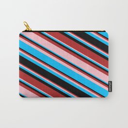 [ Thumbnail: Red, Pink, Deep Sky Blue, and Black Colored Stripes/Lines Pattern Carry-All Pouch ]