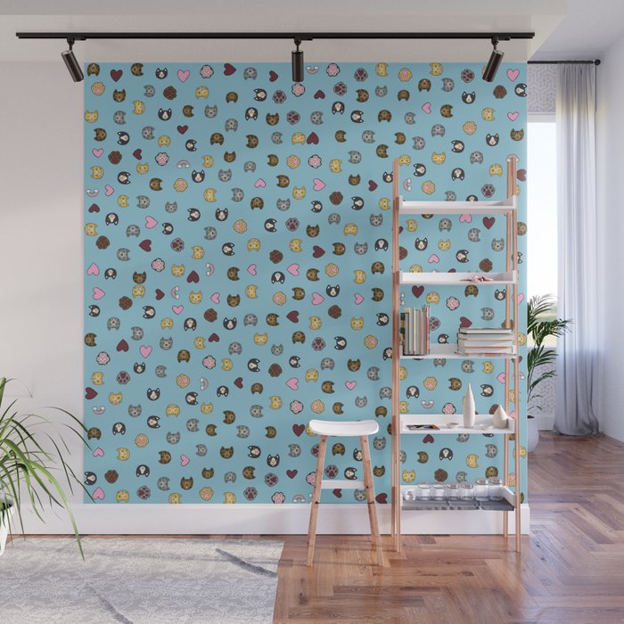 Heavenly Cute Hand Drawn Cat Faces Pattern - Sky Blue Wall Mural