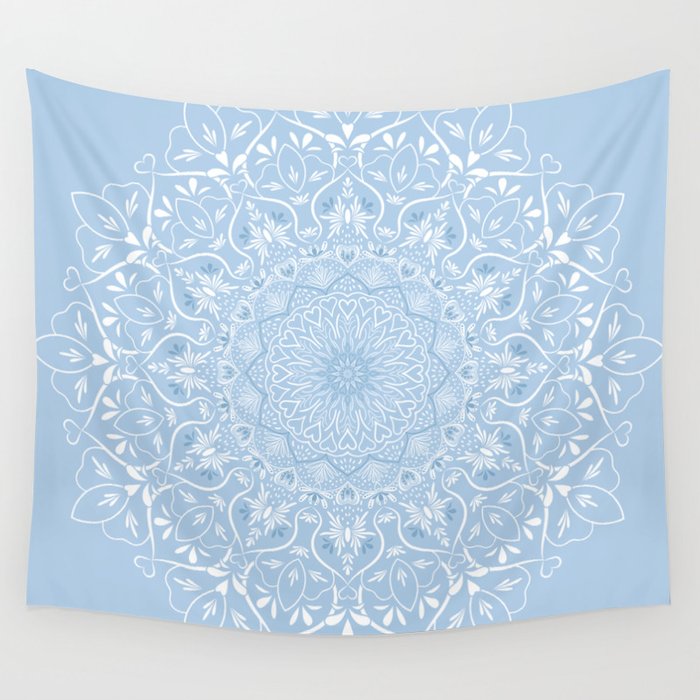 Elegant Light Blue Boho Mandala Flower Pattern Wall Tapestry