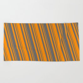 [ Thumbnail: Dark Orange and Dim Grey Colored Pattern of Stripes Beach Towel ]