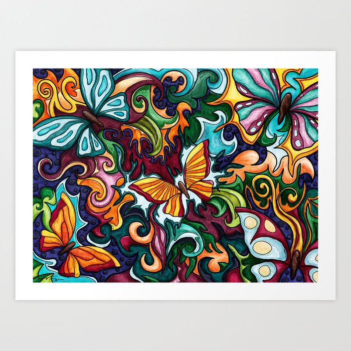 Bright butterflies painting, colorful abstract nature art Art Print