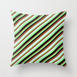 [ Thumbnail: Light Green, Black, Sienna, and Light Cyan Colored Lined Pattern Throw Pillow ]
