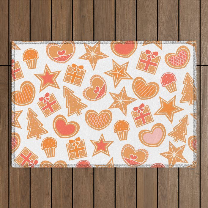 Gingerbread Cookies Seamless Pattern on White Background with Xmas Eve, Heart, Stars and Gifts, Happy Christmas Outdoor Rug