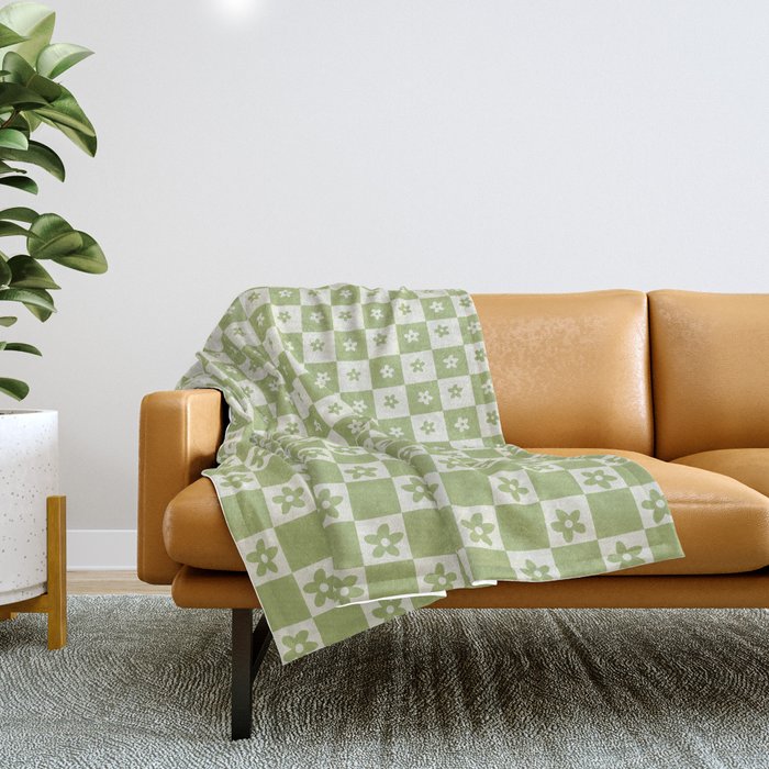 Abstract Floral Checker Pattern 7 in Forest Sage Green Throw Blanket