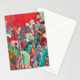 Red floral Jungle Garden Botanical featuring Proteas, Reeds, Eucalyptus, Ferns and Birds of Paradise Stationery Card