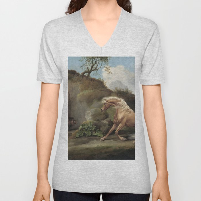 Horse Frightened by a Lion V Neck T Shirt