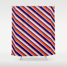 [ Thumbnail: Red, Light Grey, and Blue Colored Lined Pattern Shower Curtain ]
