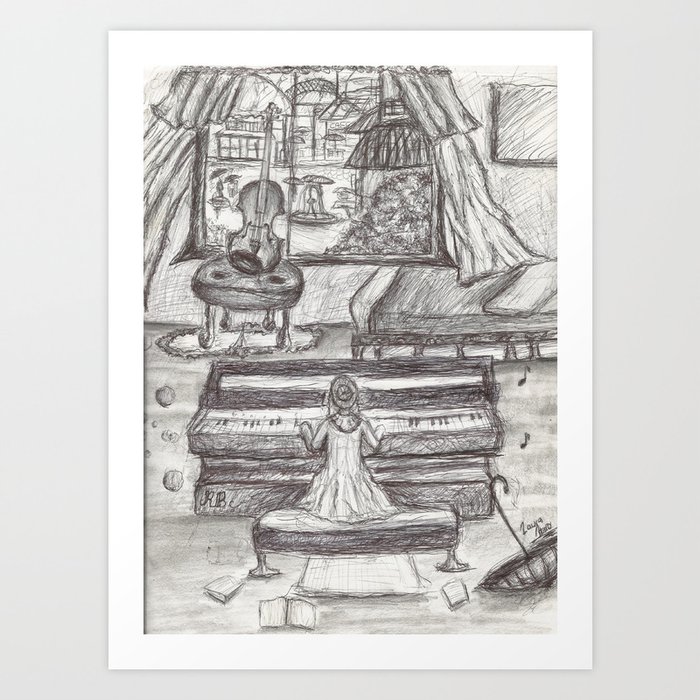 Black White Girl Playing Piano Pen Drawing Art Print By Rainbowchildcreation