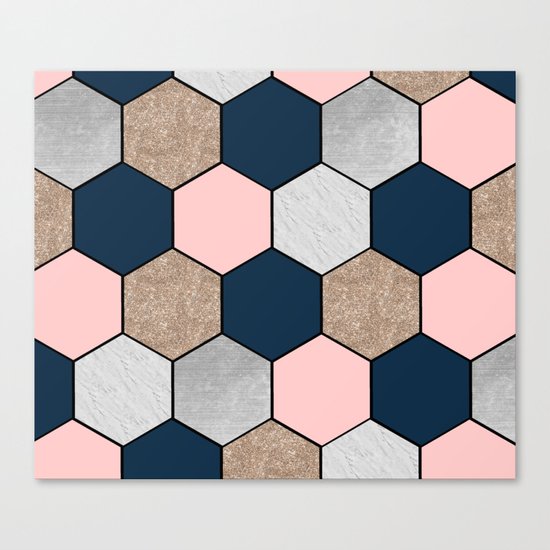 Navy and peach marble and foil hexagons Canvas Print