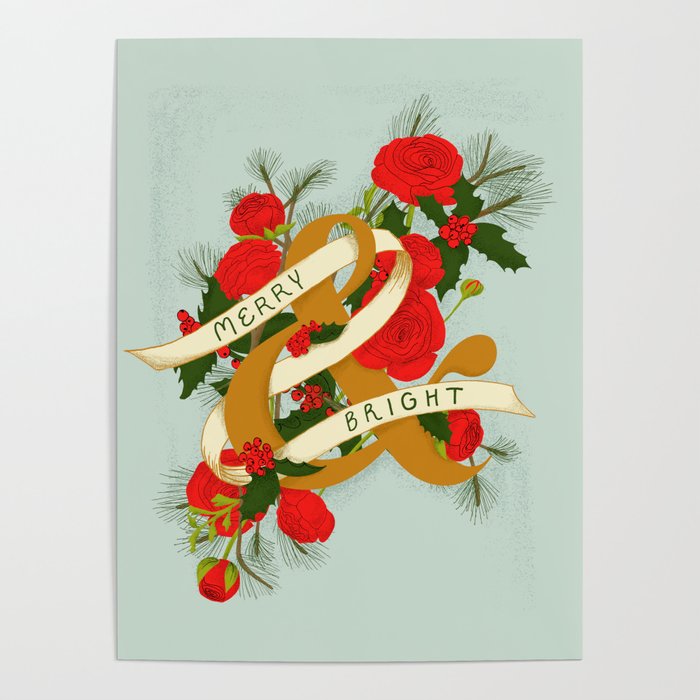 Merry and Bright Christmas Print - Soft Blue Poster