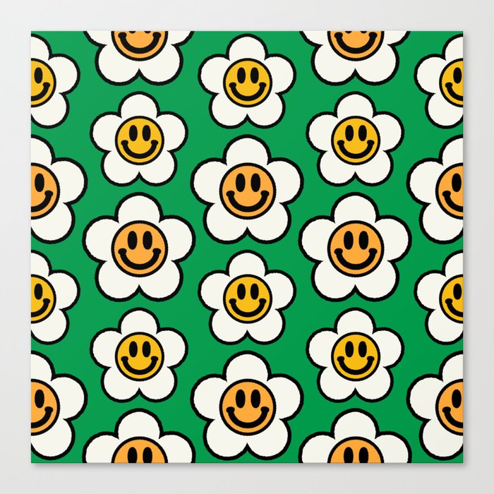 Bold And Funky Flower Smileys Pattern (Green BG) Canvas Print