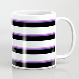 [ Thumbnail: Orchid, Dark Slate Blue, Black & Mint Cream Colored Lines/Stripes Pattern Coffee Mug ]