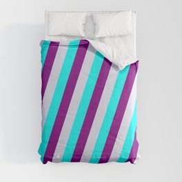 [ Thumbnail: Aqua, Purple, and Lavender Colored Lined Pattern Comforter ]