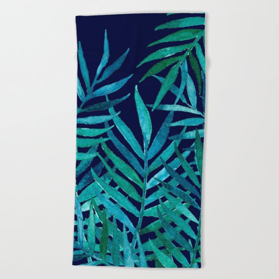 Watercolor Palm Leaves on Navy Beach Towel