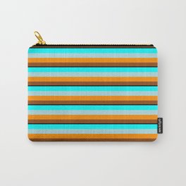 [ Thumbnail: Eyecatching Cyan, Powder Blue, Dark Orange, Brown, and Black Colored Striped Pattern Carry-All Pouch ]