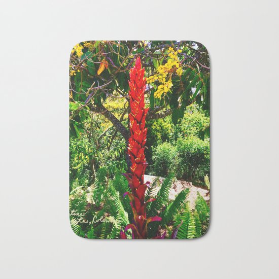 Alpinia purpurata – Red Ginger Flower, Nature in Bogota, Colombia Bath Mat