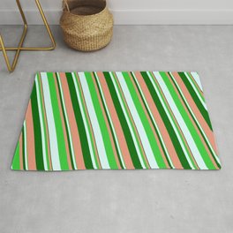 [ Thumbnail: Dark Green, Dark Salmon, Lime Green, and Light Cyan Colored Striped/Lined Pattern Rug ]
