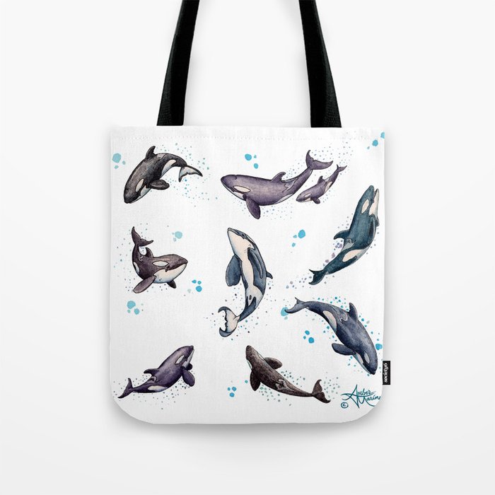 "Orca Pod in Watercolor" by Amber Marine, Killer Whale Art, © 2019 Tote Bag