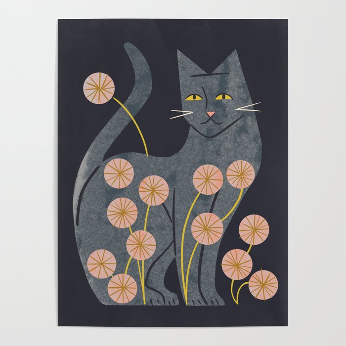 Gray Cat And Flowers Poster