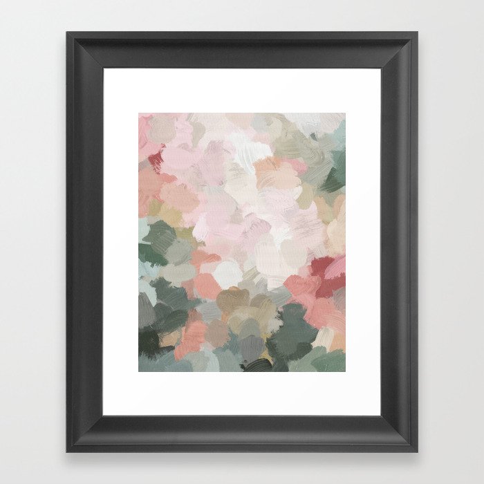 Time to Bloom - Forest Green Fuchsia Blush Pink Abstract Flower Spring Painting Art Framed Art Print