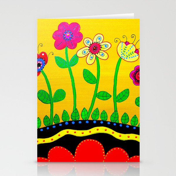 Mexican Folk Art Whimsical Flowers  Painting Stationery Cards
