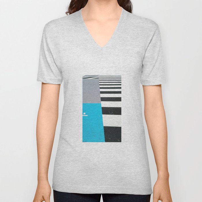 Blue Crossing Graphic Illustration of an Urban Street Photography in Japan V Neck T Shirt