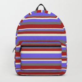[ Thumbnail: Gray, Red, Beige & Medium Slate Blue Colored Stripes Pattern Backpack ]