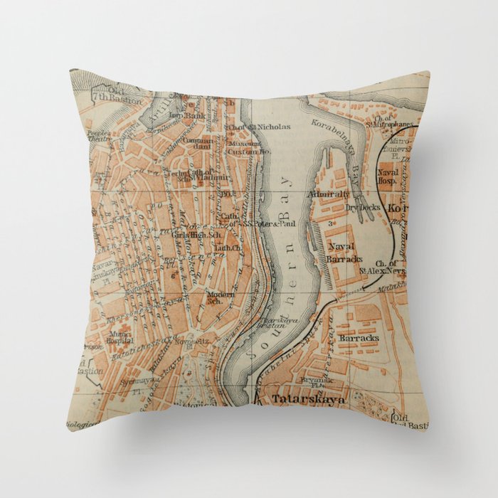 Vintage Sevastopol Ukraine Map (1914) Throw Pillow